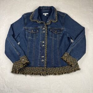 Coldwater Creek Denim Jacket Tweed Trim Fringe Blue Jean Coat Women's Size 18
